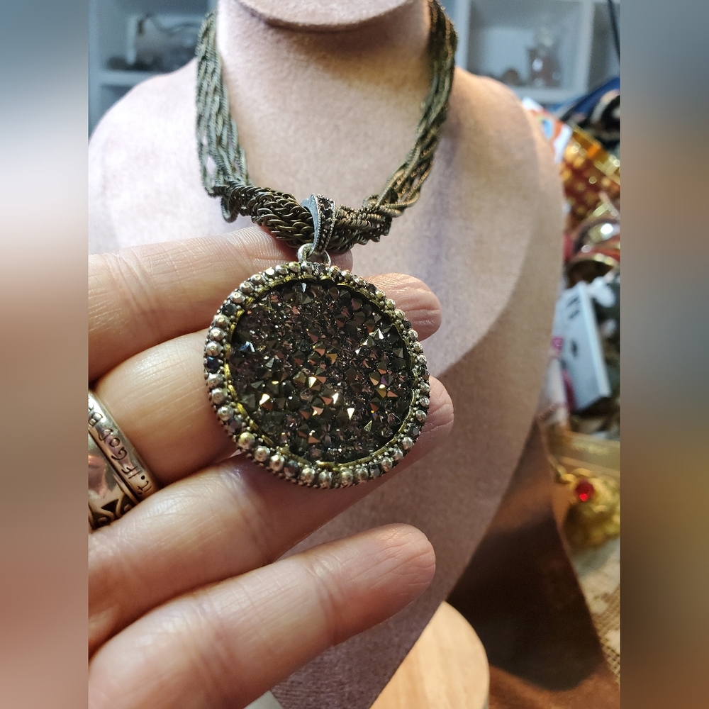 Ollipop Pyrite Crystal Rocks Filligree Reversable Pendant Necklace